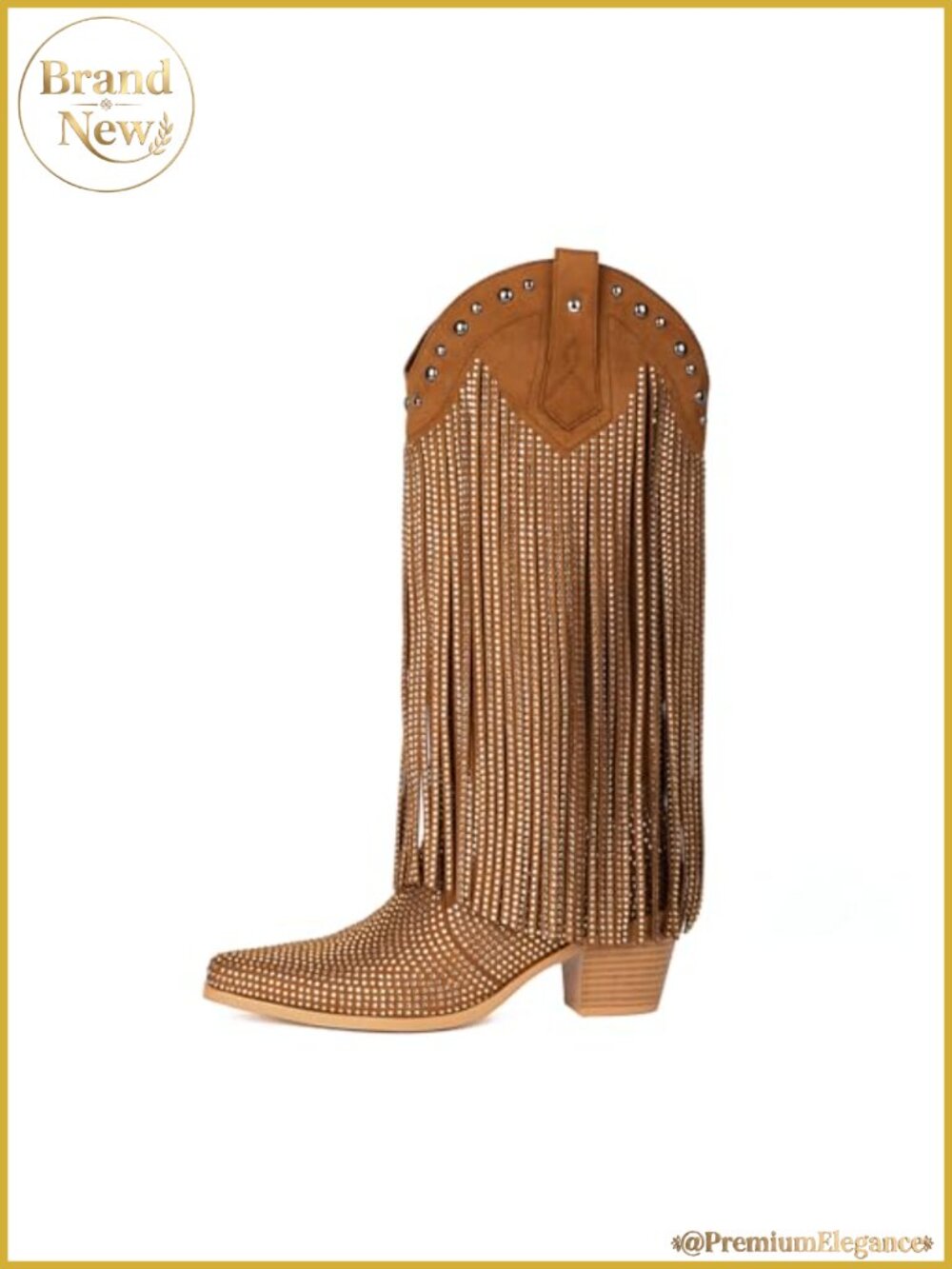 Rhinestone Fringe Cowgirl Boots Sparkly Western Pointed Toe Chunky Heel Mid